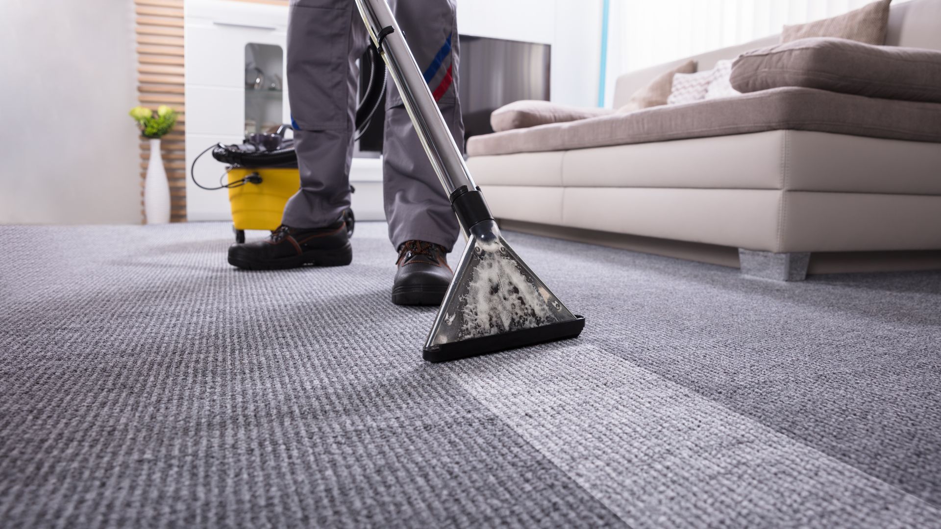 A man is cleaning a carpet with a vacuum