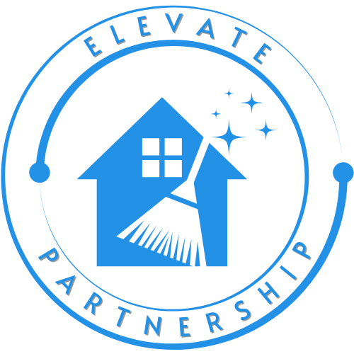 A blue logo with a house and a broom